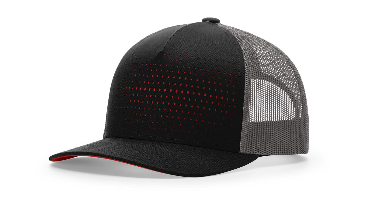 Black/Charcoal/Red Laser Cut Five Panel Trucker