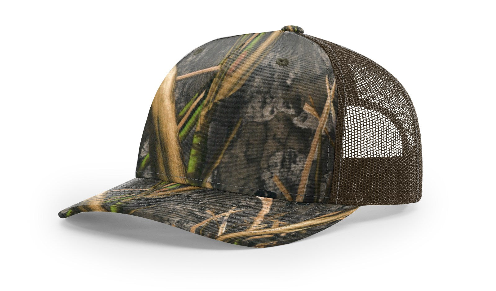 Mossy Oak Habitat/Brown Printed Five Panel Trucker