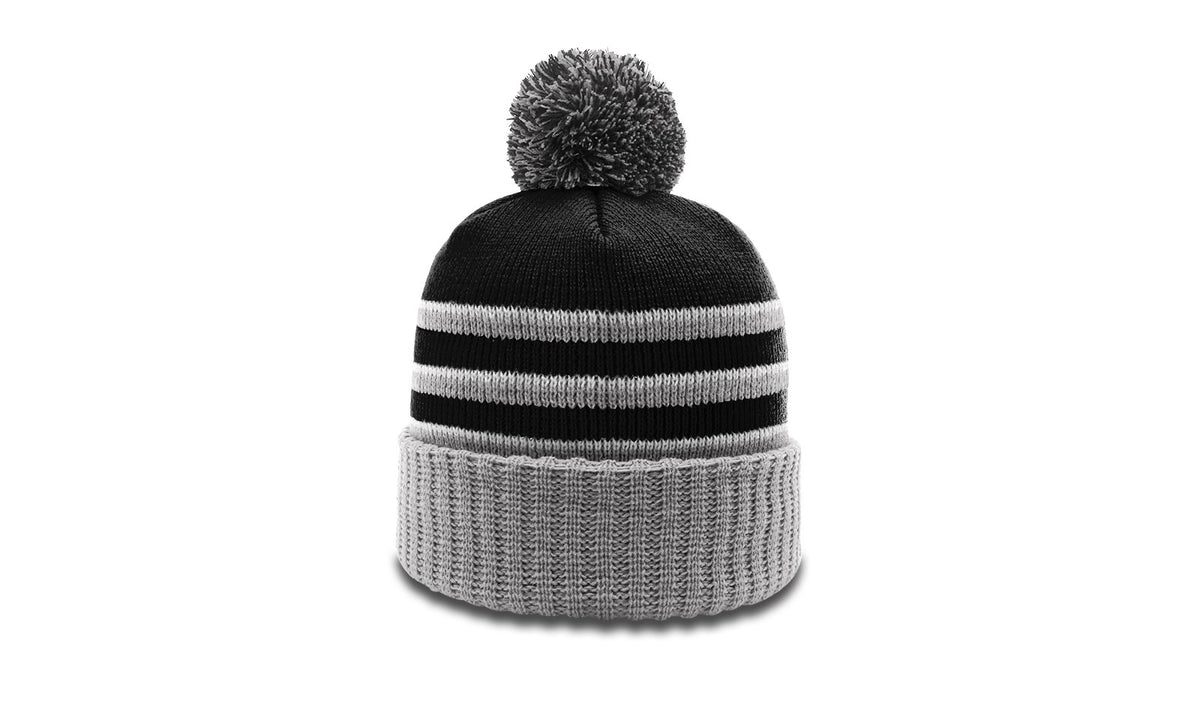 Black/Grey/White Striped Beanie with Cuff & Pom