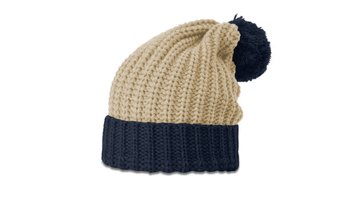 Stone-Navy Chunk Cable Beanie with Cuff & Pom