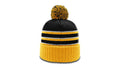 Black/Gold/White Striped Beanie with Cuff & Pom
