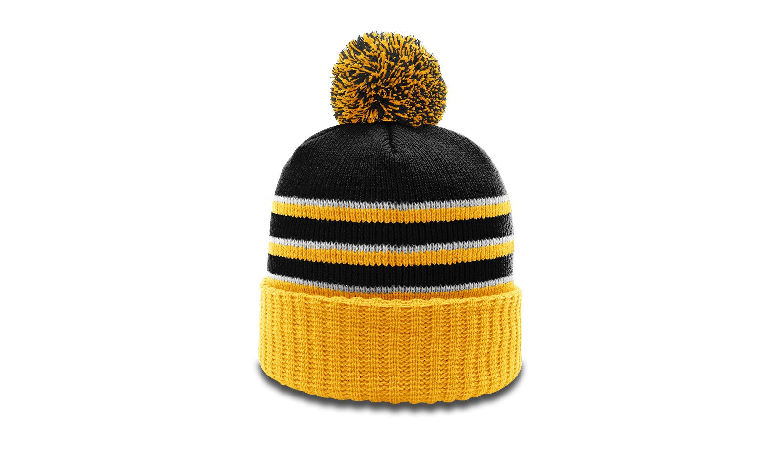 Black/Gold/White Striped Beanie with Cuff & Pom
