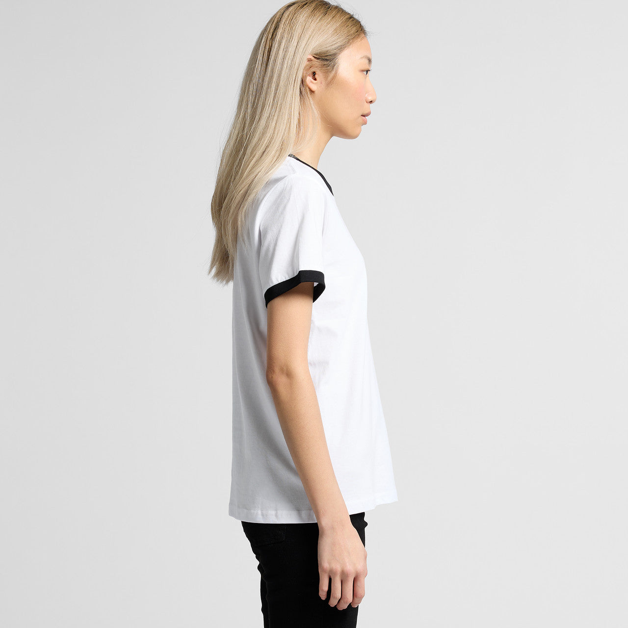 Left View of  Wo's Maple Ringer Tee | 4053  grouped