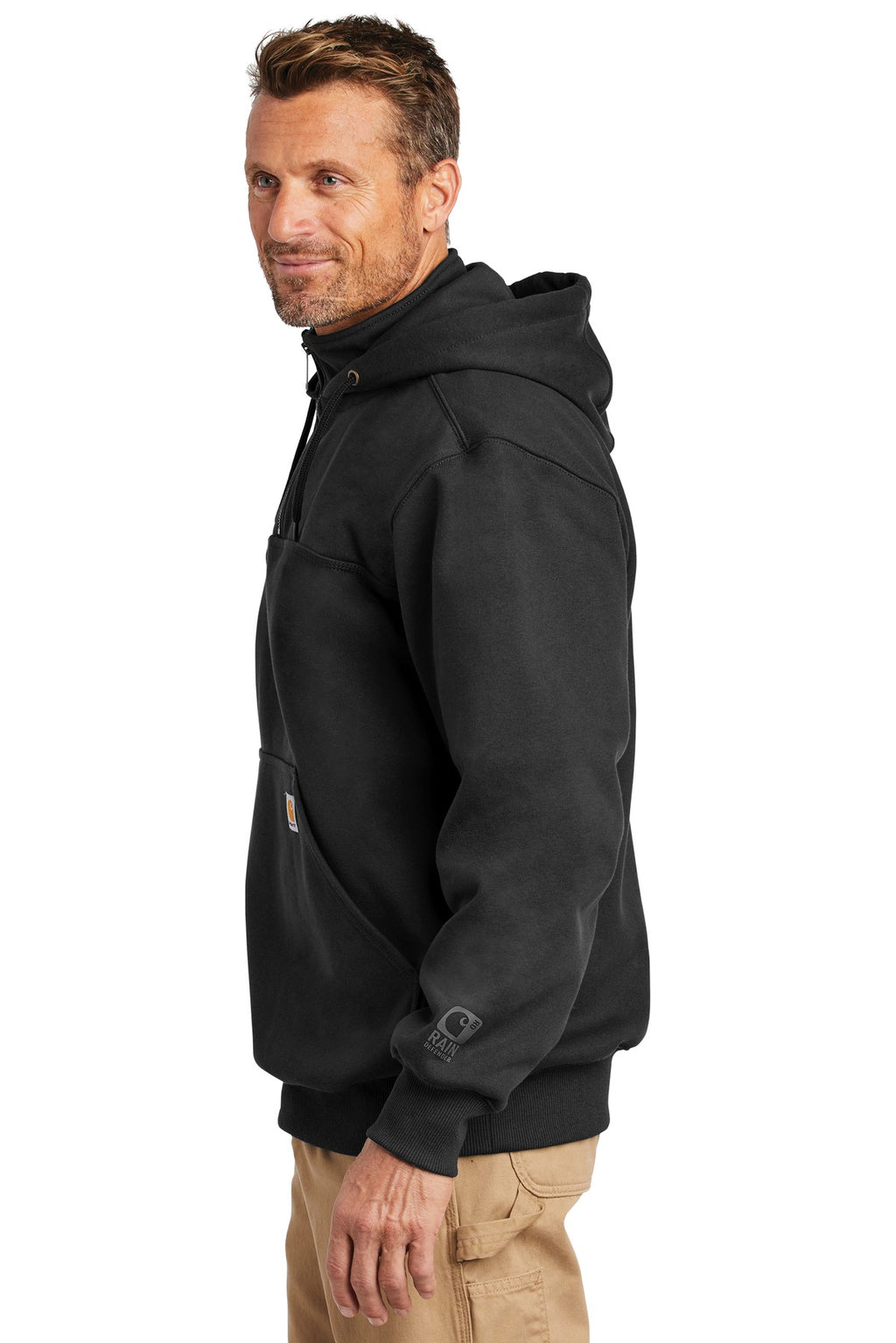 Black Carhartt Rain Defender Paxton Heavyweight Hooded Zip Mock Sweatshirt. CT100617