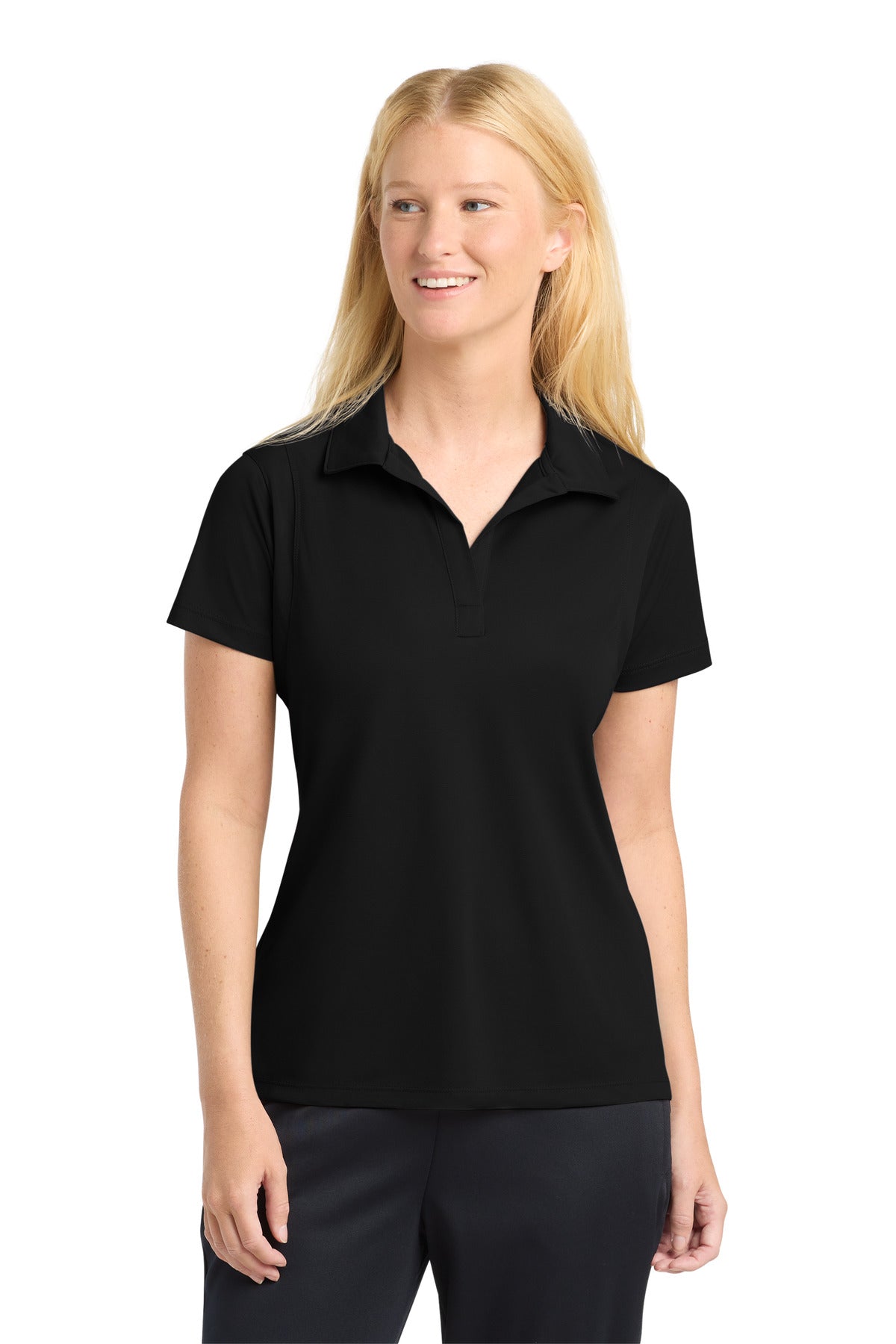 Black Sport-Tek Women's Micropique Sport-Wick Polo. LST650