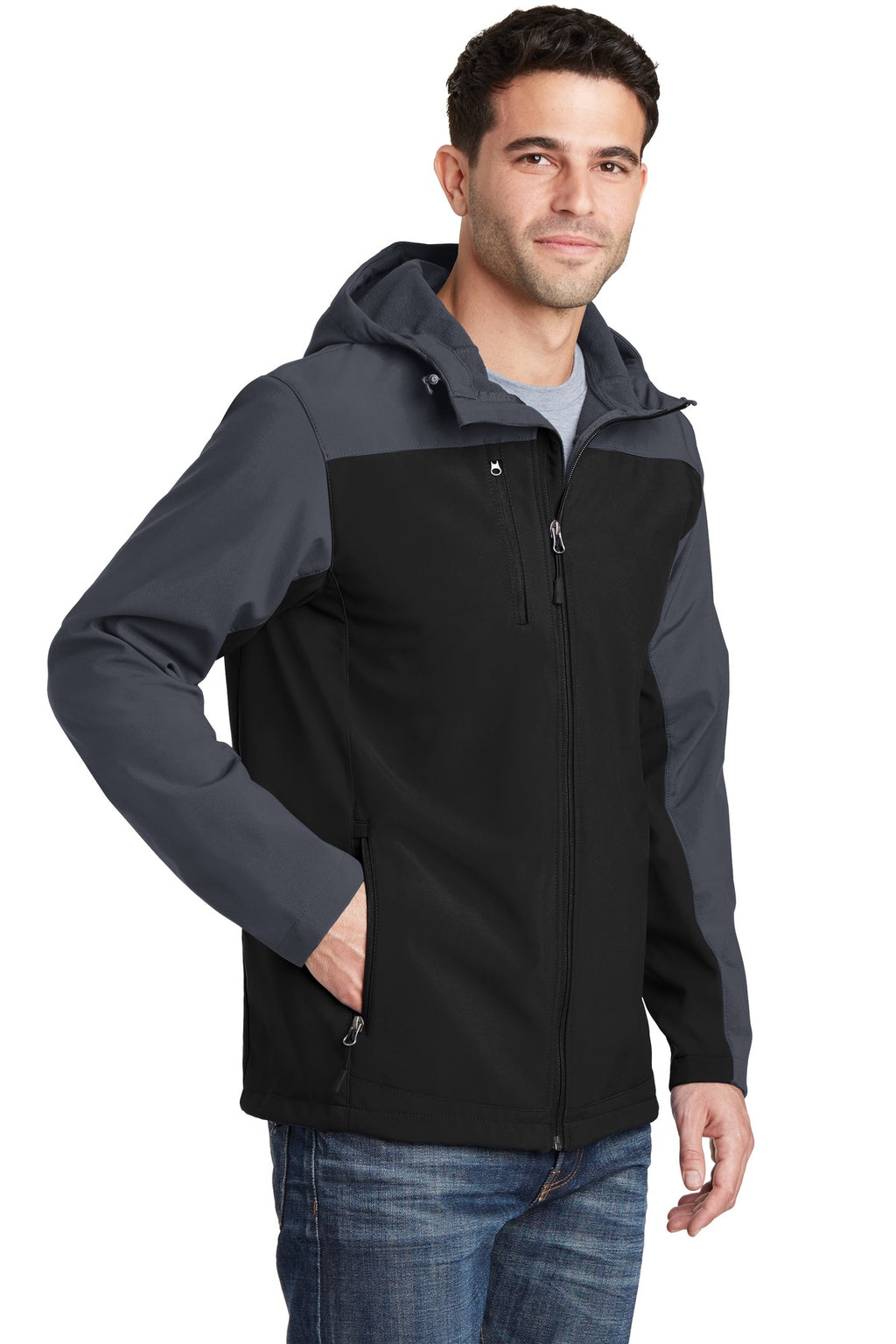 Black/Batl Gry Port Authority Hooded Core Soft Shell Jacket. J335