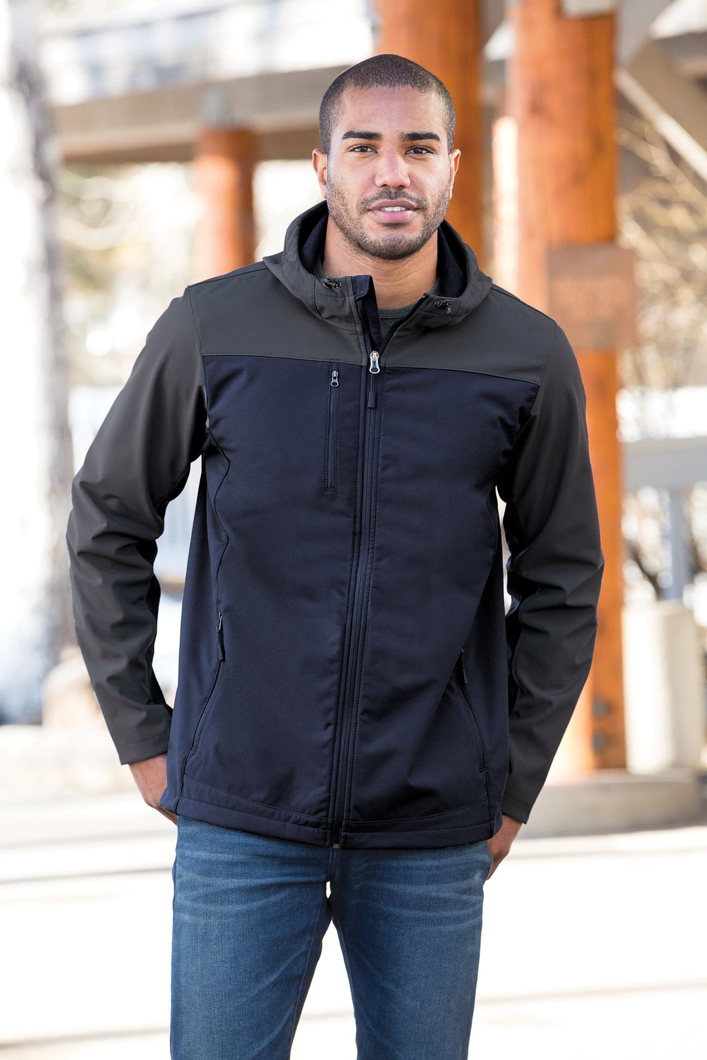 Black/Batl Gry Port Authority Hooded Core Soft Shell Jacket. J335