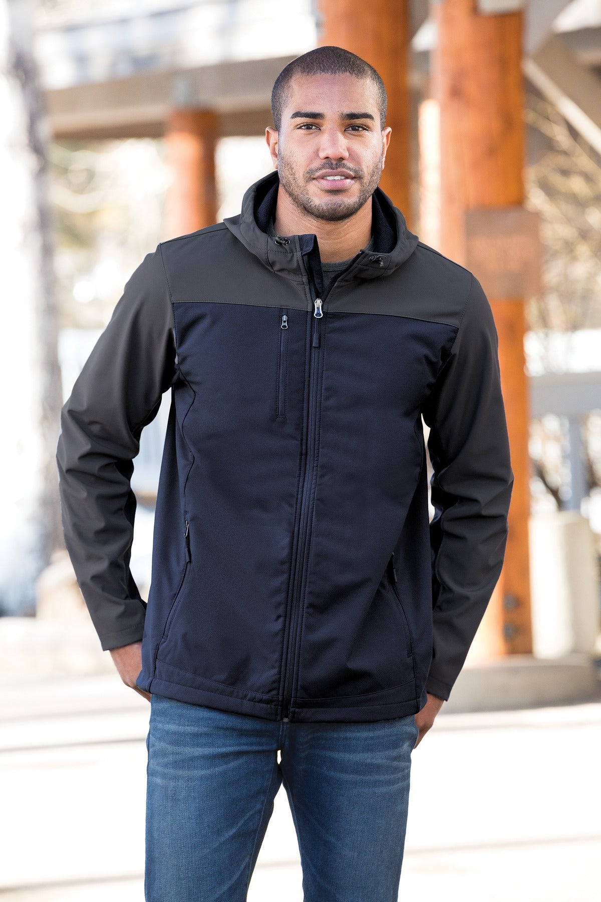 Black/Batl Gry Port Authority Hooded Core Soft Shell Jacket. J335