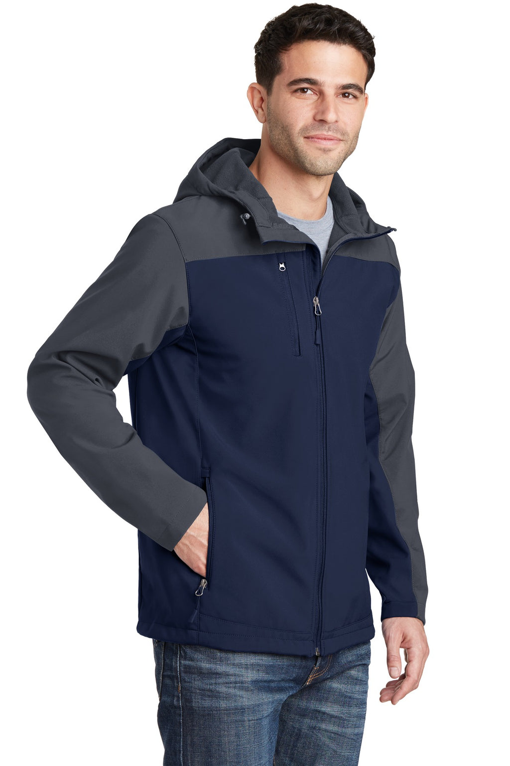DB Nvy/Bat Gry Port Authority Hooded Core Soft Shell Jacket. J335
