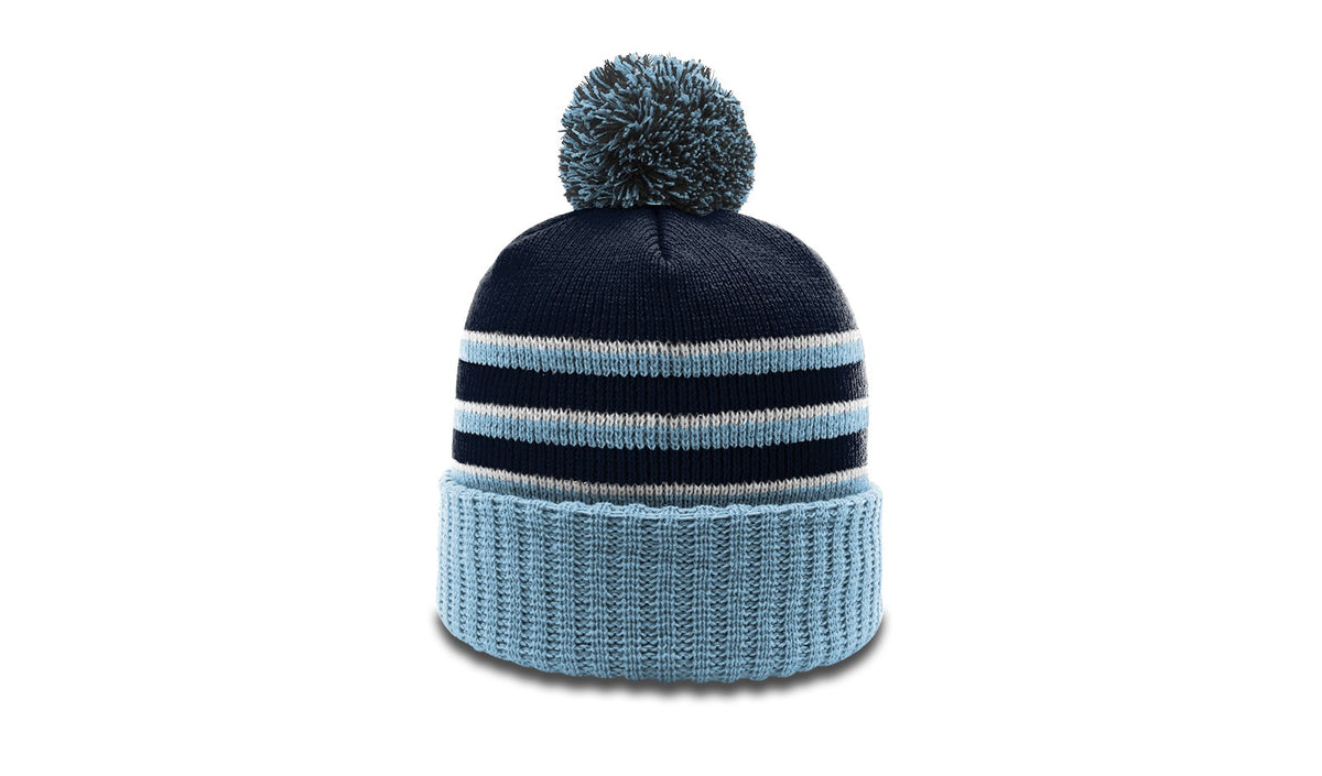 Navy/Columbia Blue/White Striped Beanie with Cuff & Pom