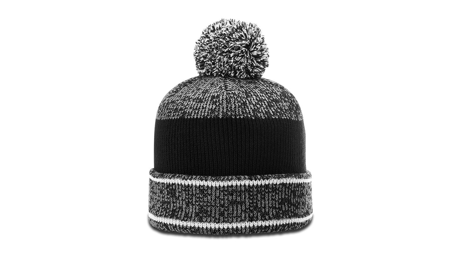 Grey/White/Black Heather Beanie with Cuff & Pom