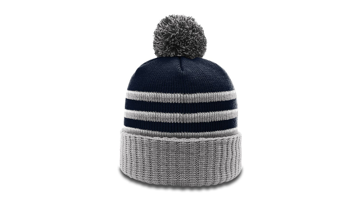 Navy/Grey/White Striped Beanie with Cuff & Pom
