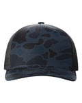 Front View of Admiral Duck Camo/ Black Five-Panel Printed Trucker Cap - 112PFP
