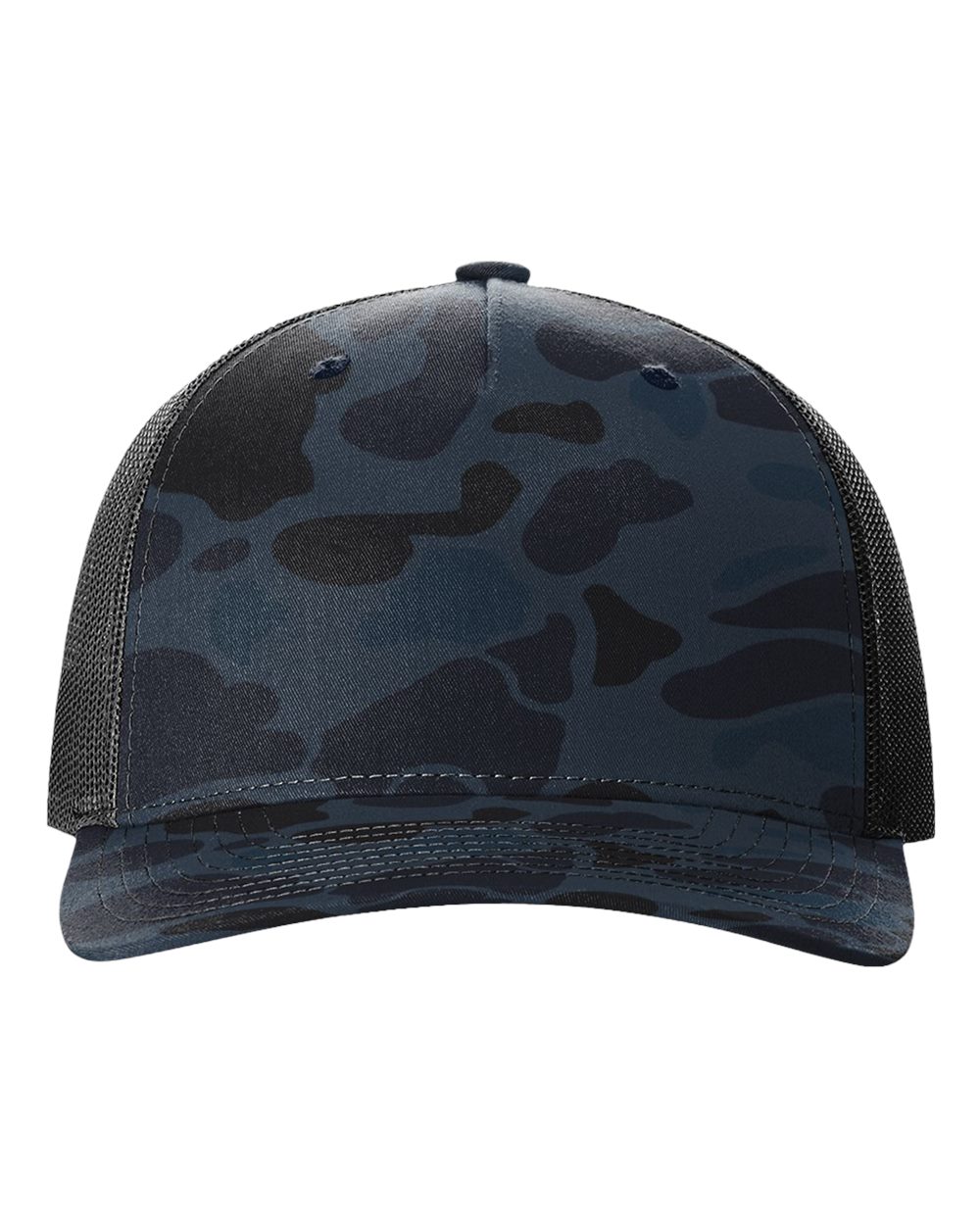 Front View of Admiral Duck Camo/ Black Five-Panel Printed Trucker Cap - 112PFP