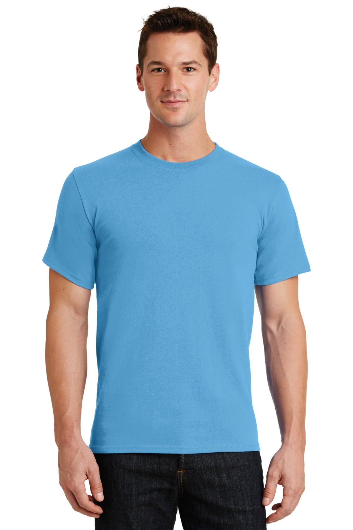 Front View of Aquatic Blue Port & Co Essential Tee. PC61