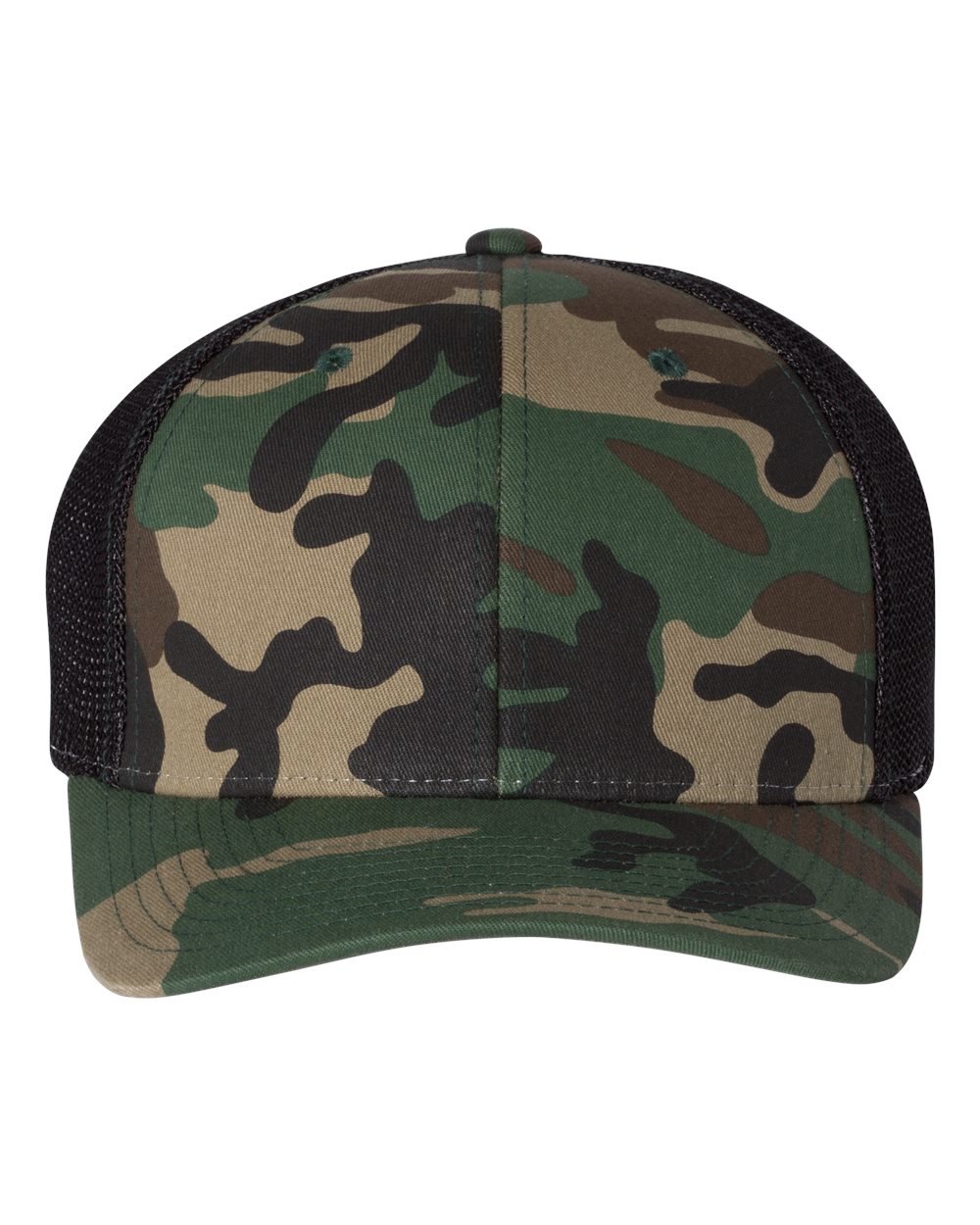 Front View of Army Camo/ Black R-Flex Trucker Cap - 110