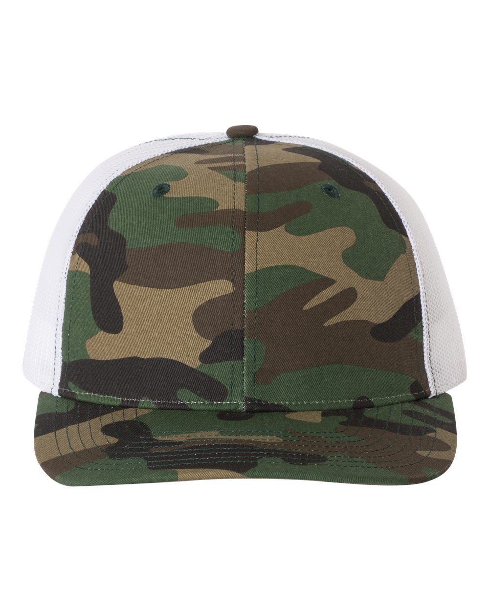 Front View of Army Camo/ White Printed Trucker Cap - 112P