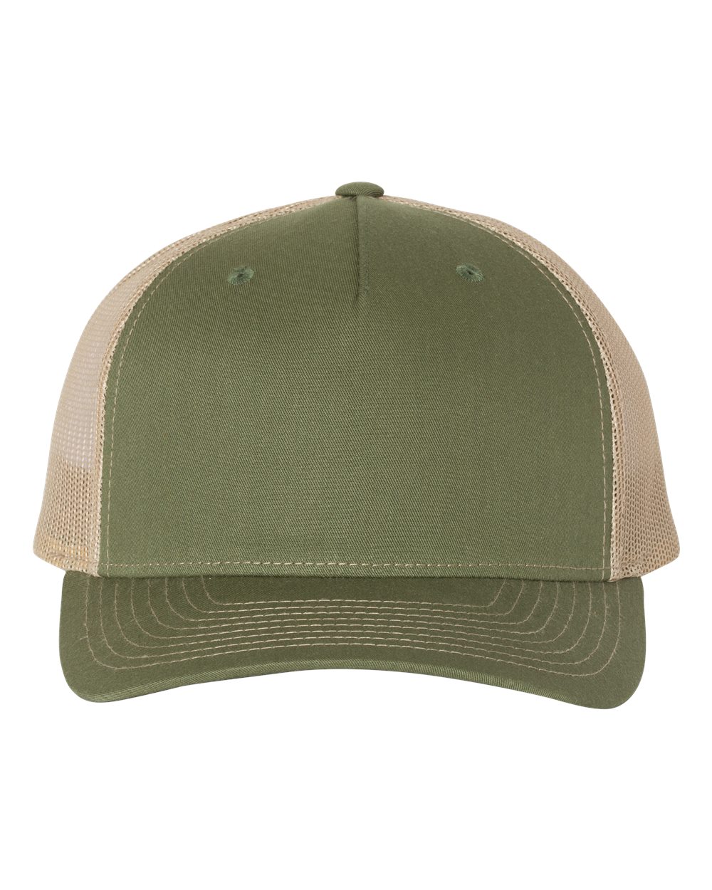 Front View of Army Olive Green/ Tan Five-Panel Trucker Cap - 112FP