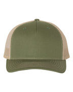 Front View of Army Olive Green/ Tan Five-Panel Trucker Cap - 112FP