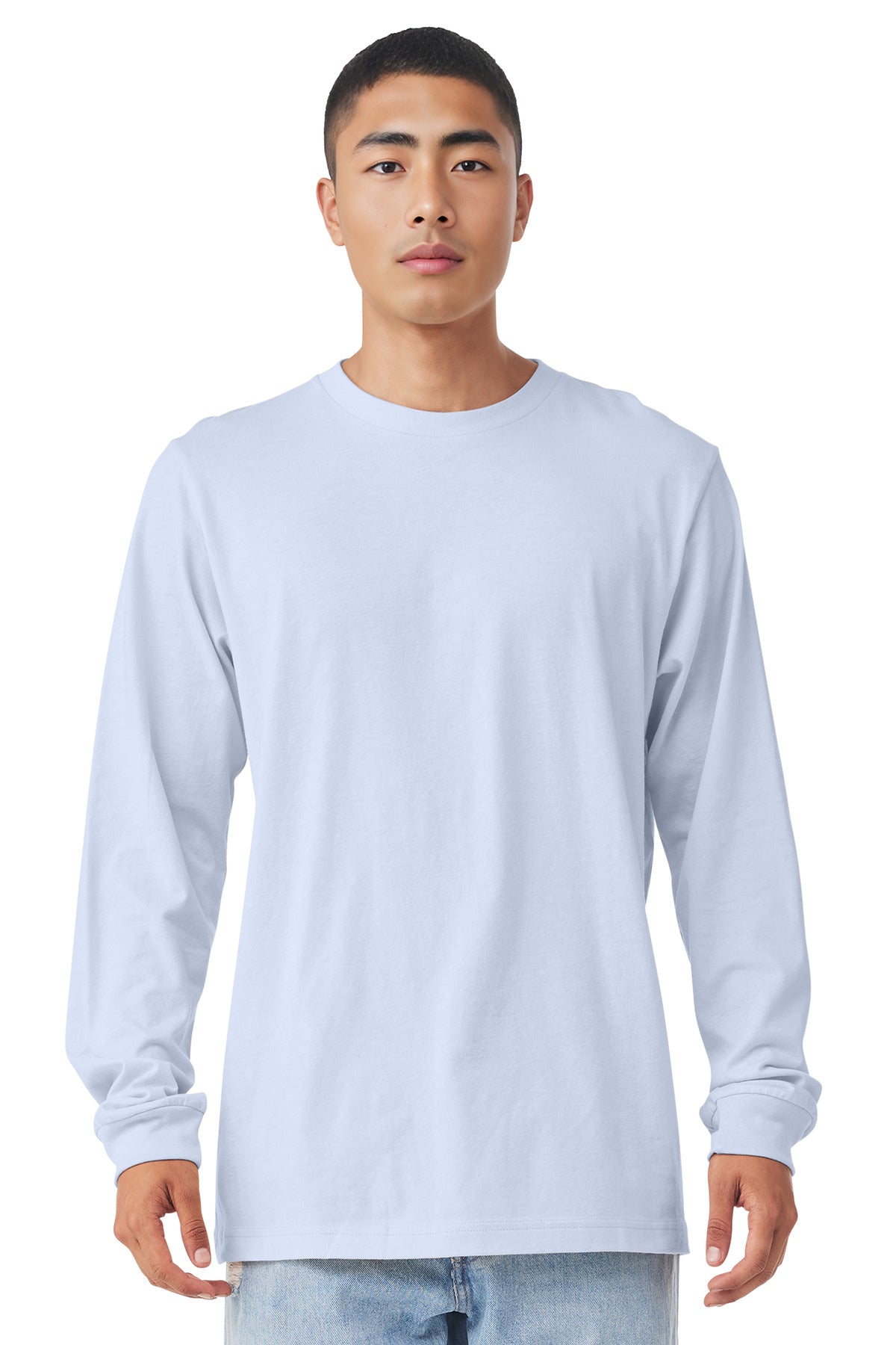 Front View of Ash BELLA+CANVAS Unisex Jersey Long Sleeve Tee. BC3501