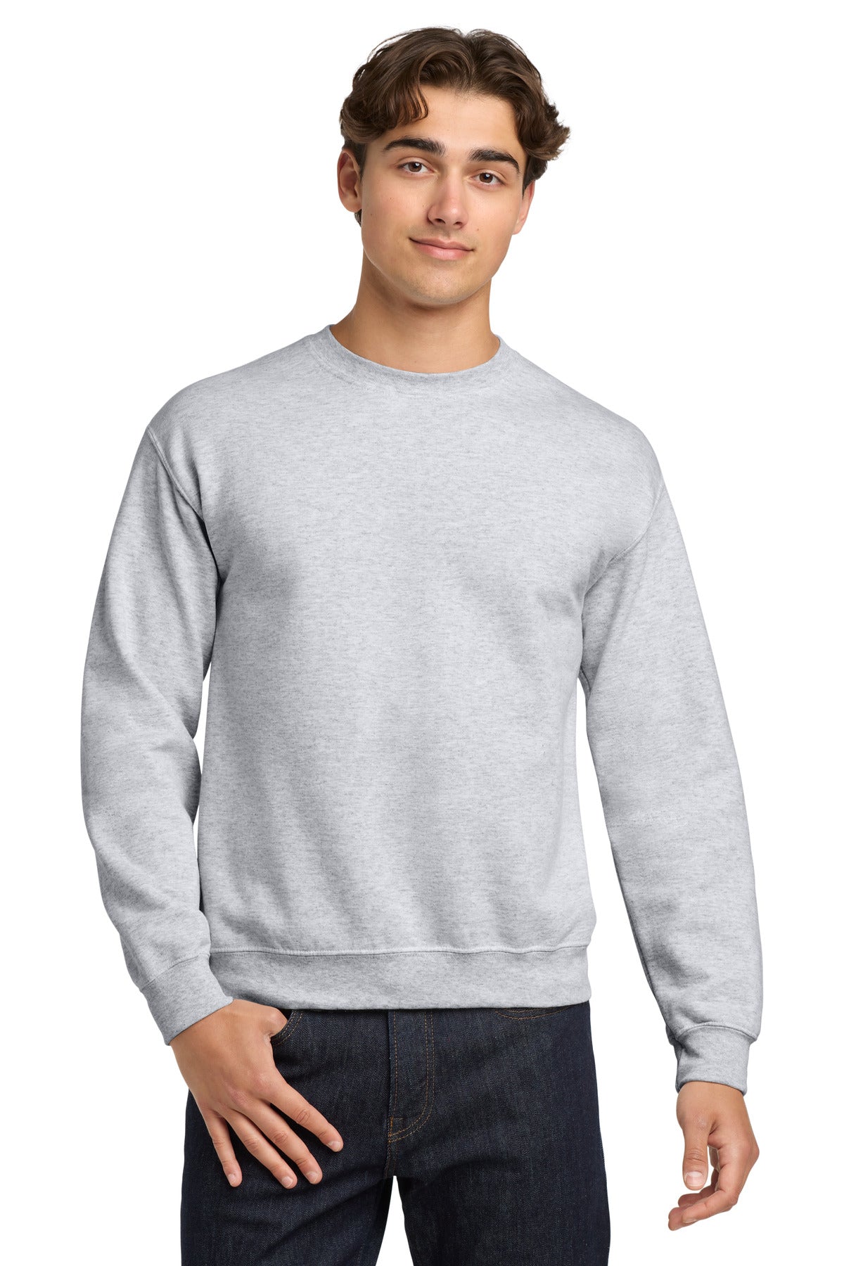 Front View of Ash Gildan Heavy Blend Crewneck Sweatshirt. 18000