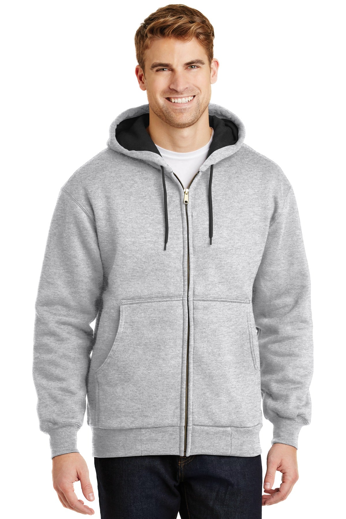 Front View of Ath Heather CornerStone - Heavyweight Full-Zip Hooded Sweatshirt with Thermal Lining. CS620