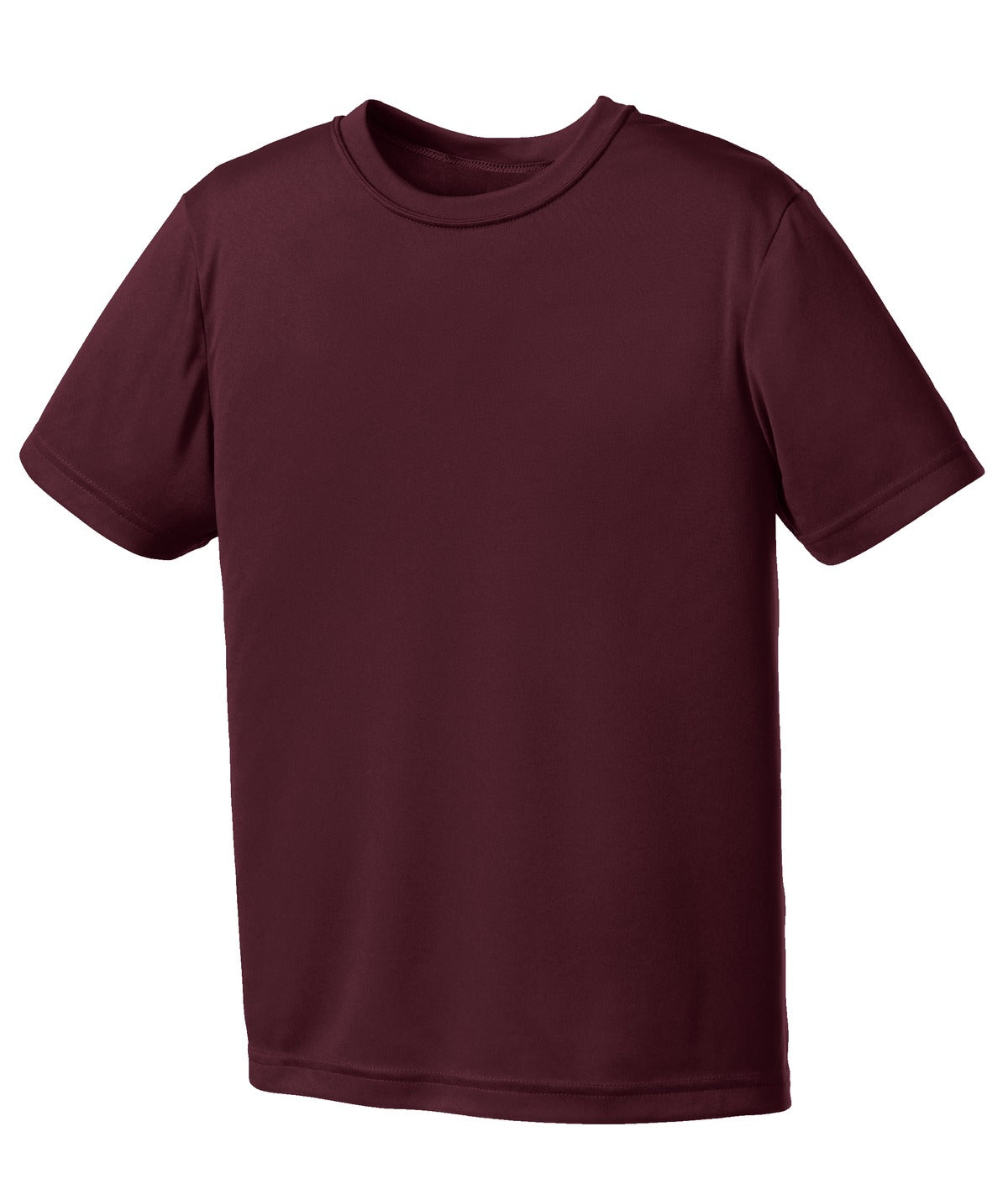 Front View of Ath Maroon Port & Co Youth Performance Tee. PC380Y