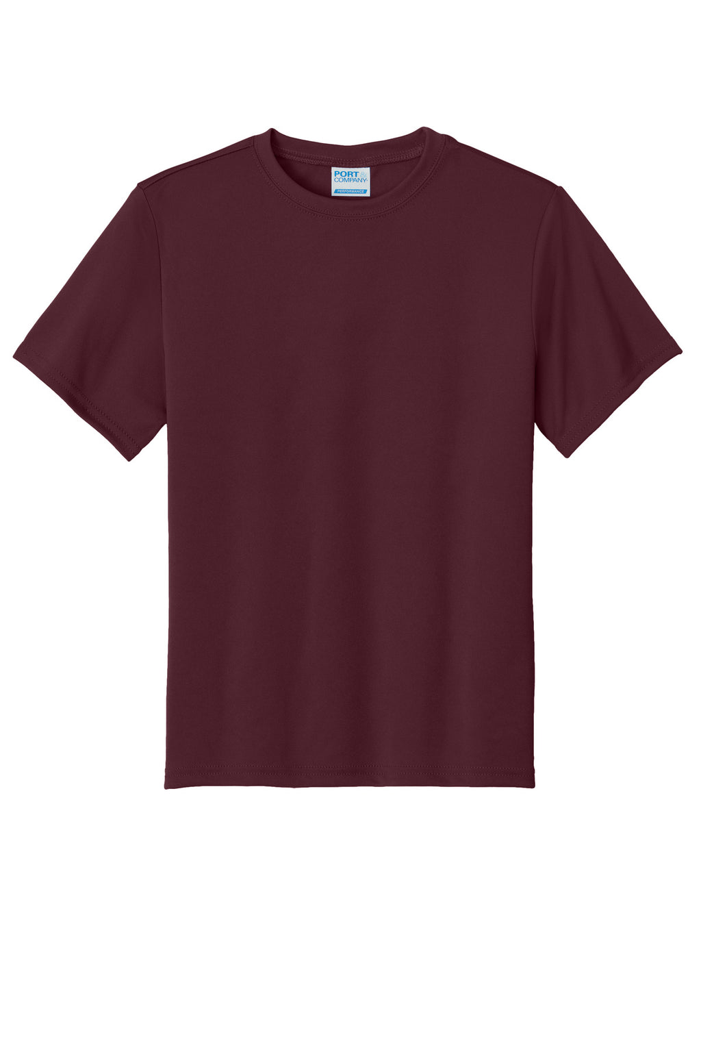 Front View of Ath Maroon Port & Co Youth Performance Tee. PC380Y
