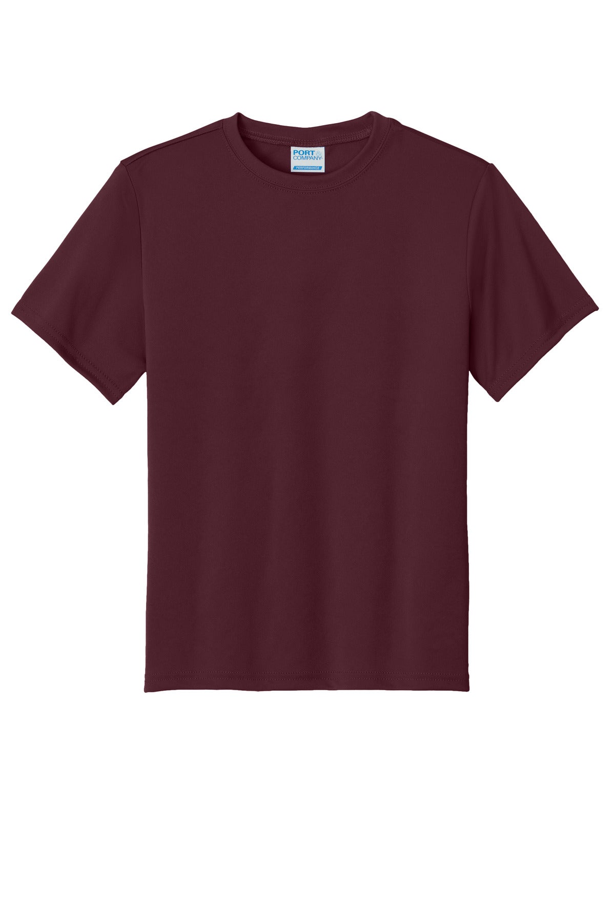 Front View of Ath Maroon Port & Co Youth Performance Tee. PC380Y