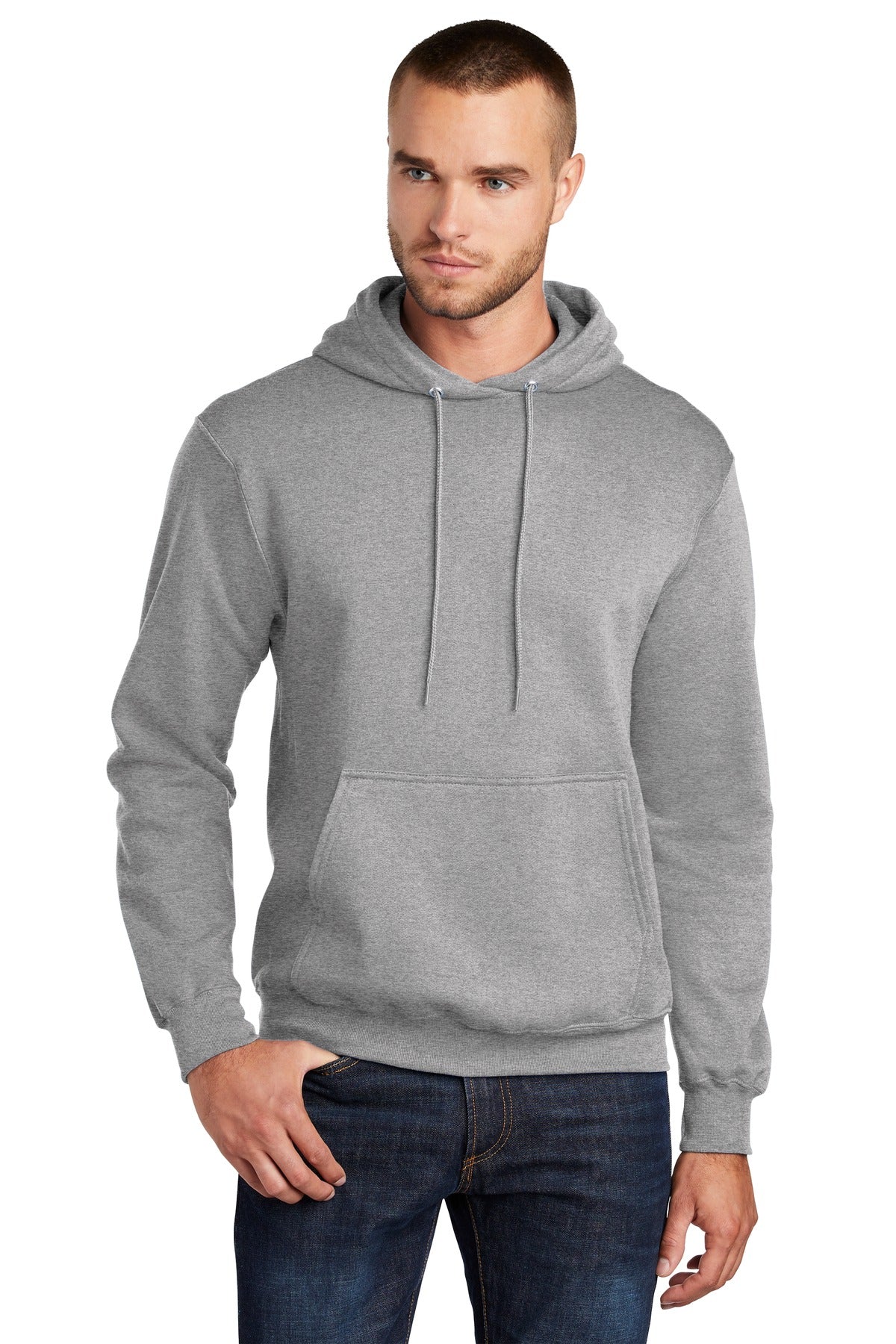 Front View of Athletic Hthr Port & Co Core Fleece Pullover Hooded Sweatshirt. PC78H