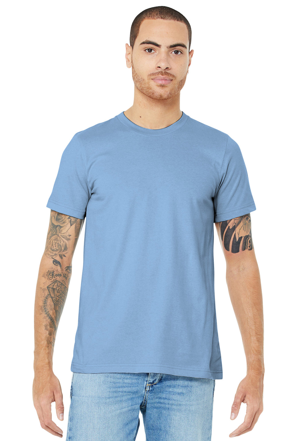 Front View of Baby Blue BELLA+CANVAS Unisex Jersey Short Sleeve Tee. BC3001