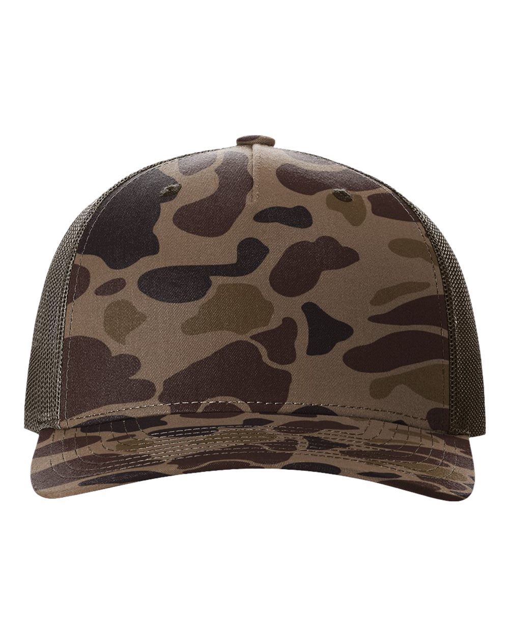 Front View of Bark Duck Camo/ Brown Five-Panel Printed Trucker Cap - 112PFP