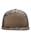 Front View of Bark Duck Camo/ Brown Printed Seven-Panel Trucker Cap - 168P