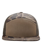 Front View of Bark Duck Camo/ Brown Printed Seven-Panel Trucker Cap - 168P