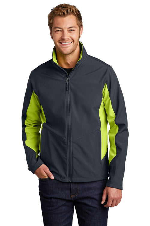 Front View of Bat Gry/Ch Grn Port Authority Core Colorblock Soft Shell Jacket. J318