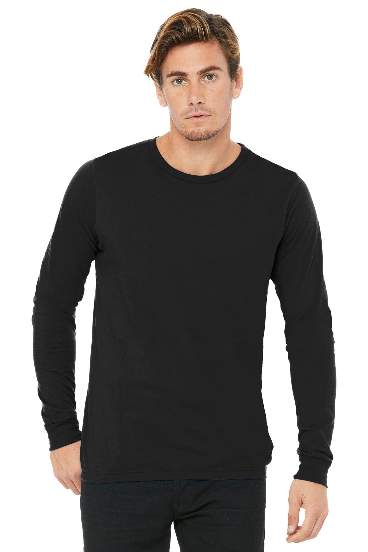 Front View of Black BELLA+CANVAS Unisex Jersey Long Sleeve Tee. BC3501
