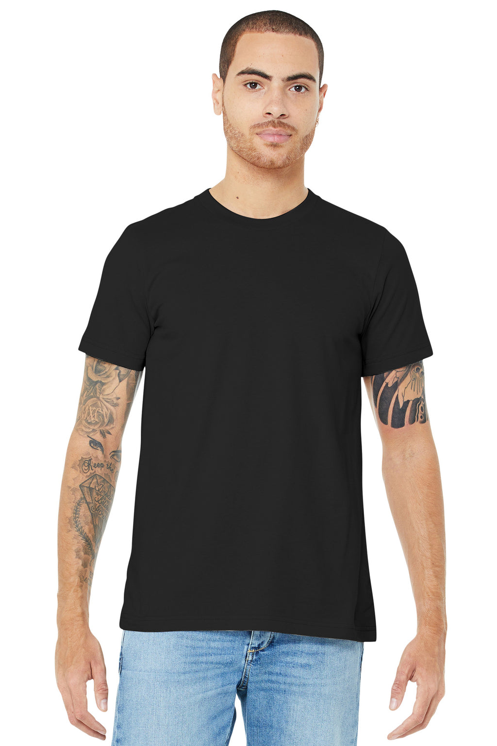 Front View of Black BELLA+CANVAS Unisex Jersey Short Sleeve Tee. BC3001