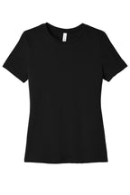 Front View of Black BELLA+CANVAS Women's Relaxed Jersey Short Sleeve Tee. BC6400
