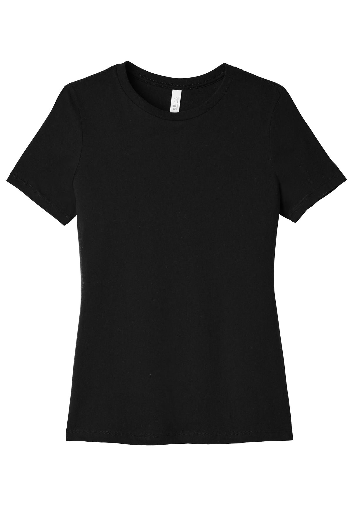 Front View of Black BELLA+CANVAS Women's Relaxed Jersey Short Sleeve Tee. BC6400