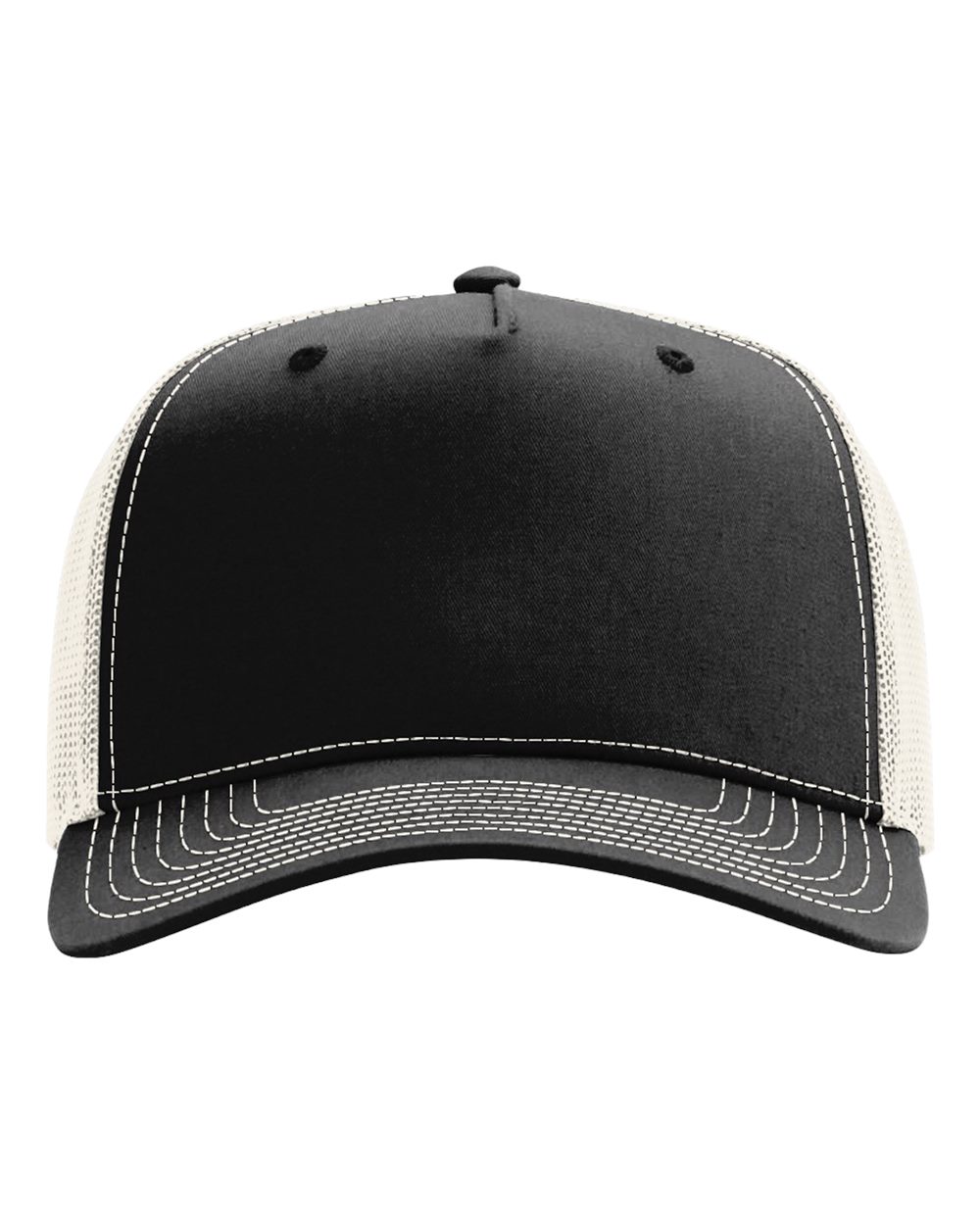Front View of Black/ Birch Five-Panel Champ Trucker Cap - 112FPC