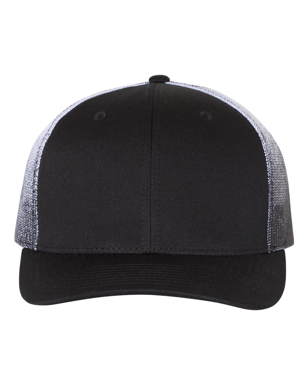 Front View of Black/ Black to White Fade Printed Mesh Trucker Cap - 112PM