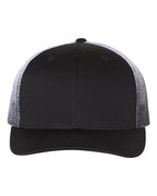 Front View of Black/ Black to White Fade Printed Mesh Trucker Cap - 112PM
