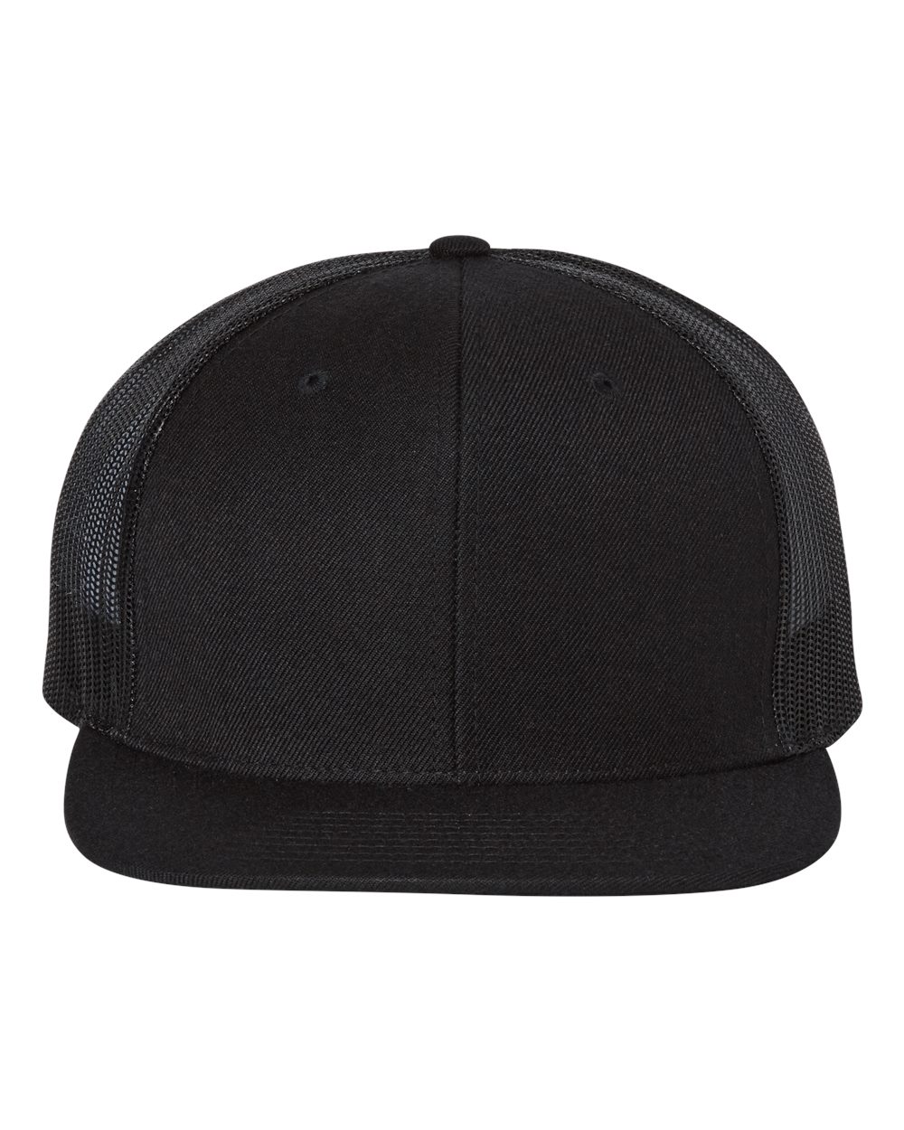 Front View of Black/ Black Wool Blend Flat Bill Trucker Cap - 511
