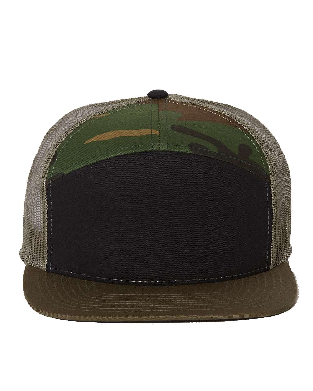 Front View of Black/ Camo/ Loden Seven-Panel Trucker Cap - 168