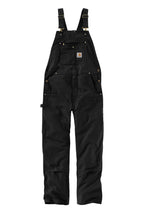 Front View of Black Carhartt Duck Unlined Bib Overalls. CT102776