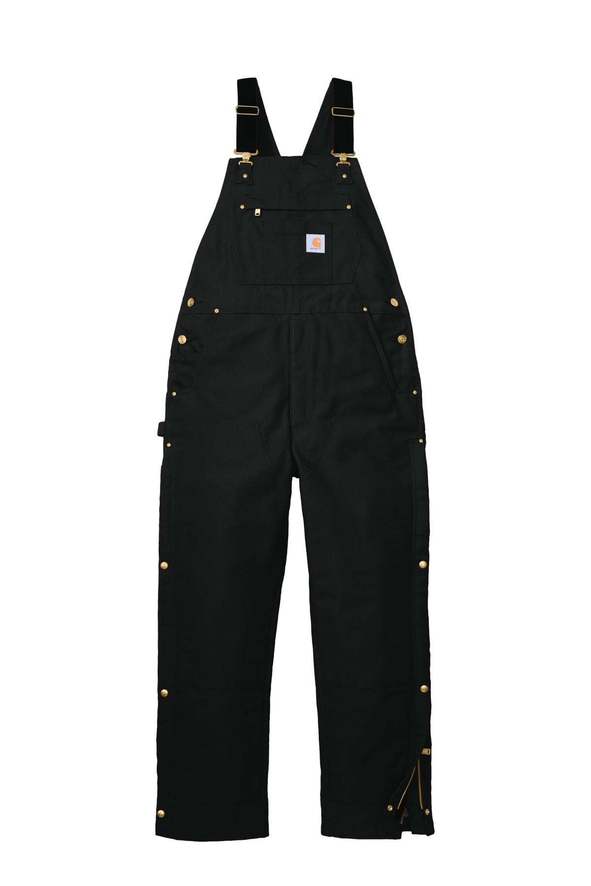 Front View of Black Carhartt Firm Duck Insulated Bib Overalls CT106672