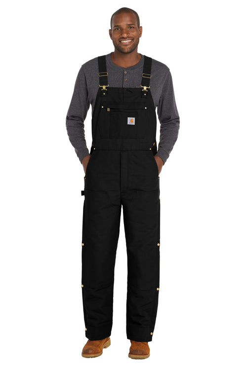 Front View of Black Carhartt Firm Duck Insulated Bib Overalls CT106672