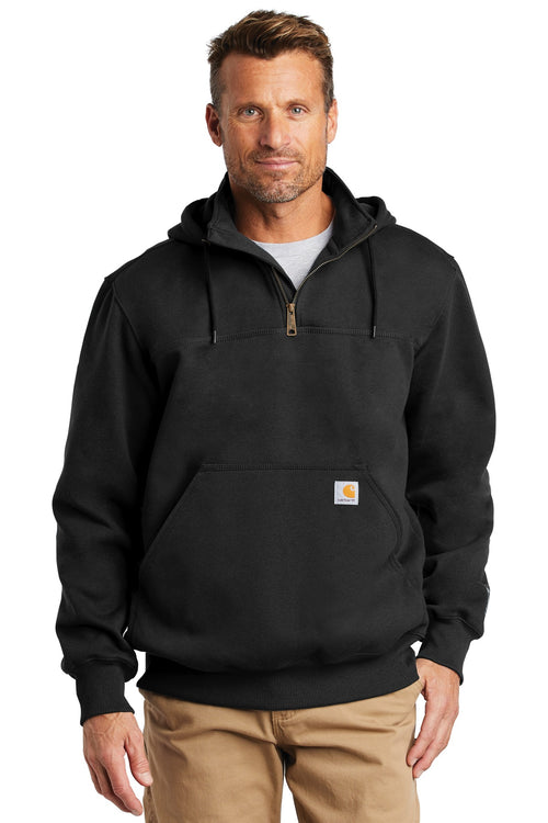 Front View of Black Carhartt Rain Defender Paxton Heavyweight Hooded Zip Mock Sweatshirt. CT100617