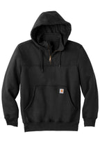 Front View of Black Carhartt Rain Defender Paxton Heavyweight Hooded Zip Mock Sweatshirt. CT100617