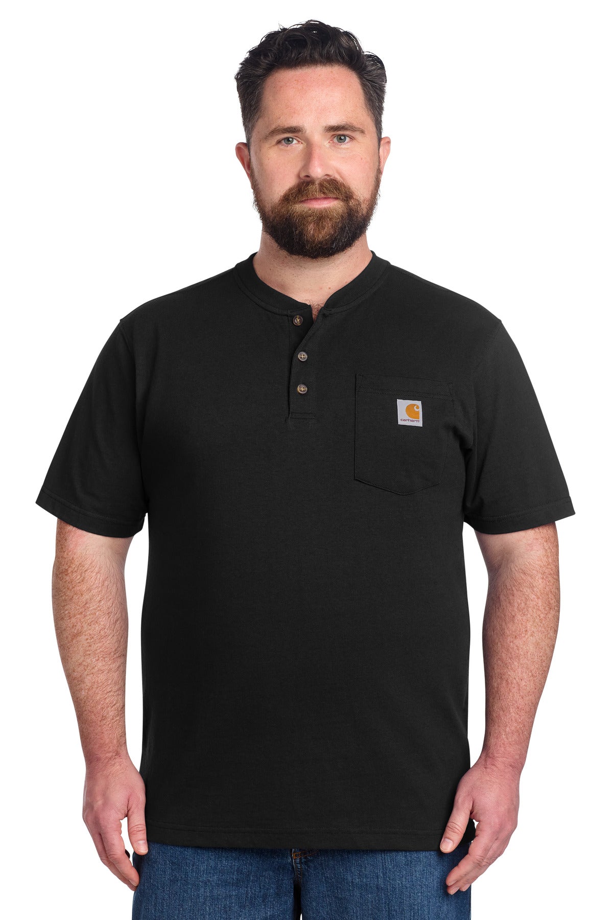Front View of Black Carhartt Short Sleeve Henley T-Shirt CTK84